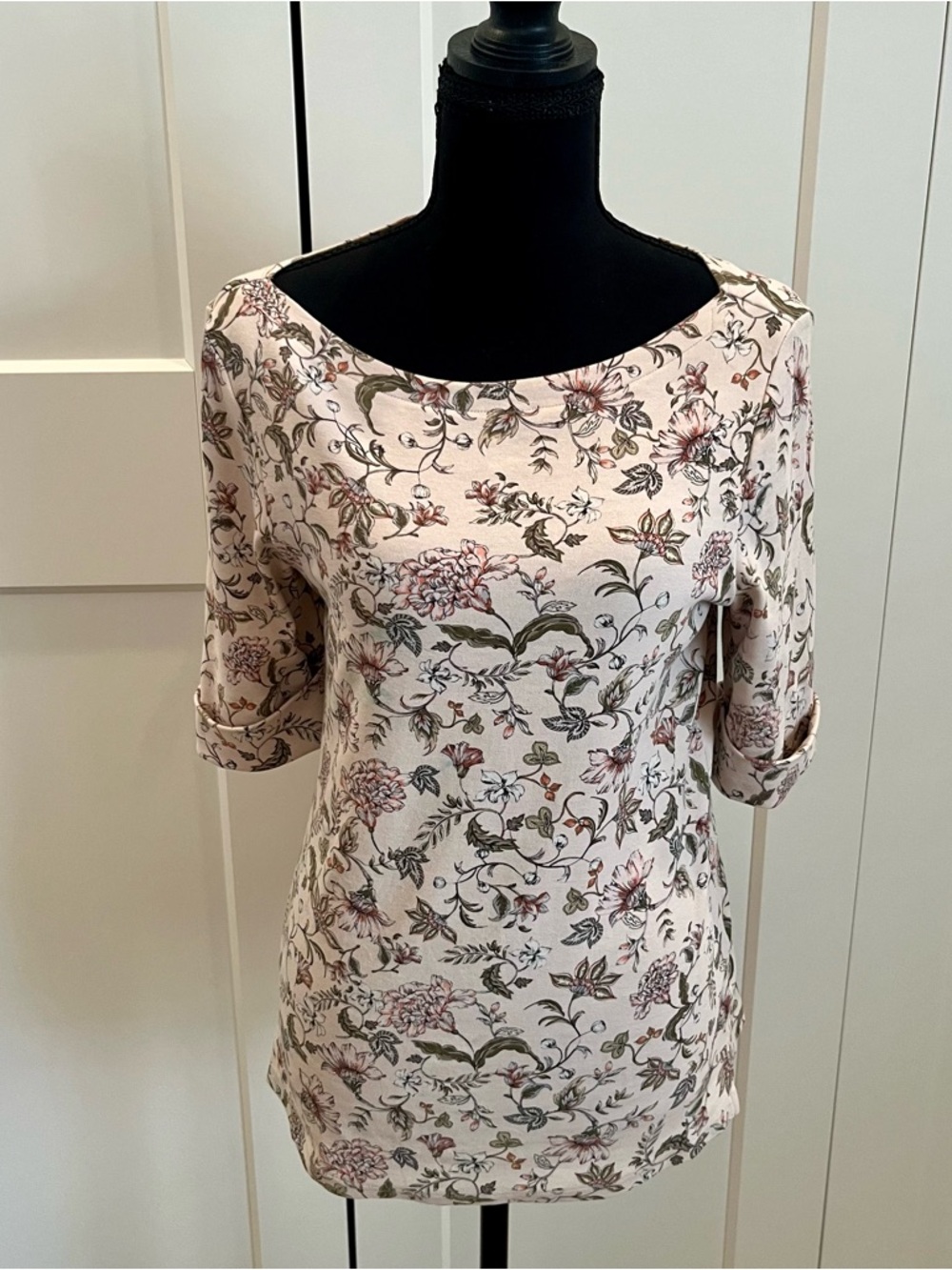 Ralph Lauren Pale Pink Floral Boatneck T-shirt with Elbow Length Sleeves